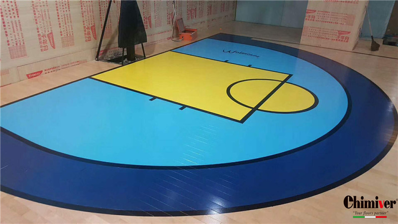 杭州九堡篮球训练馆体育运动木地板彩漆面漆logo施工案例